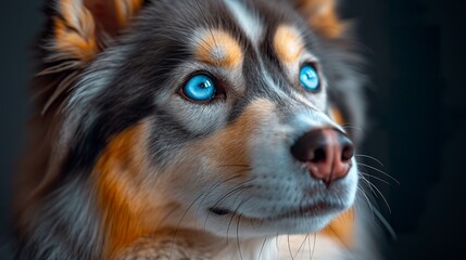 Beautiful macro image of a cute dog with attentive eyes. Curious eyes of captivating puppy in golden hour. Animal beauty in macro.