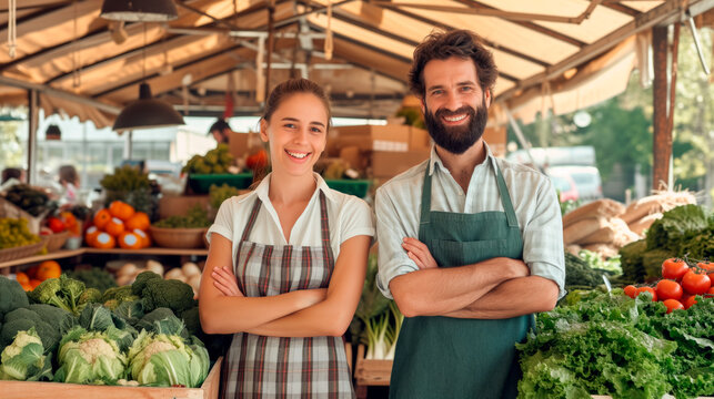 Market Days Joy. Cheerful vendors at a vibrant vegetable stand. - Powered by Adobe