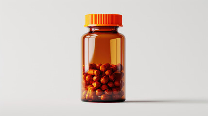 Clear plastic bottle with an orange lid filled with orange tablets, with additional tablets scattered in front of the bottle against a plain white background.