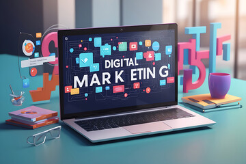 Digital Marketing 3d rendering design.