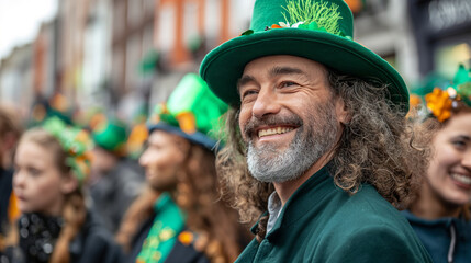 Naklejka premium Man in Traditional Irish suit and hat of St. Patrick's Day on the street of Dublin.