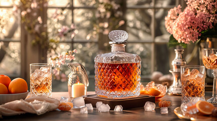 Whiskey in Crystal Decanter. Luxury Bourbon