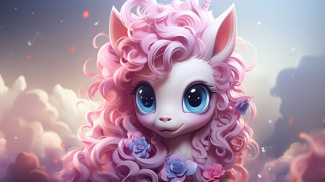 Magic fairy tale character cute unicorn with flowers in mane, 3d illustration for girls. Unicorn print for clothes, stationery, books, goods. Unicorn 3D character banner