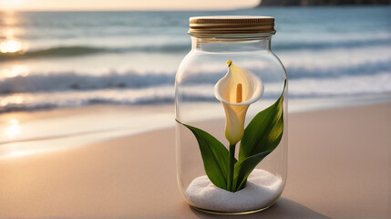A Captivating Calla Lily Flower Jar Amidst Beach Serenity AI GENERATED