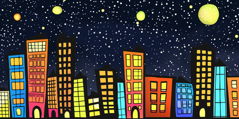 Colorful cityscape illustration with starry night and planets. Whimsical urban skyline for children's book and playful decor
