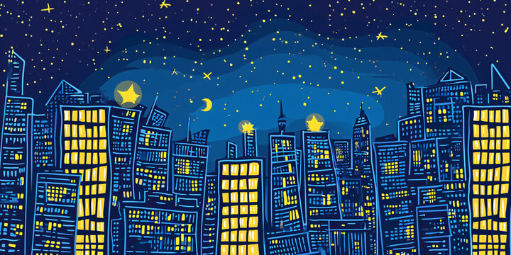 Vibrant night cityscape with stars and moon. Colorful urban landscape for modern wall art and creative design
