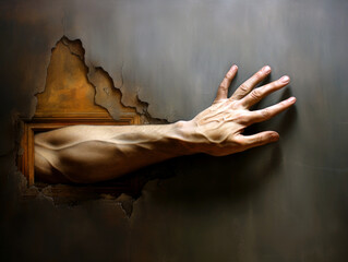 Surreal Hand Emerging Through Wall - obrazy, fototapety, plakaty