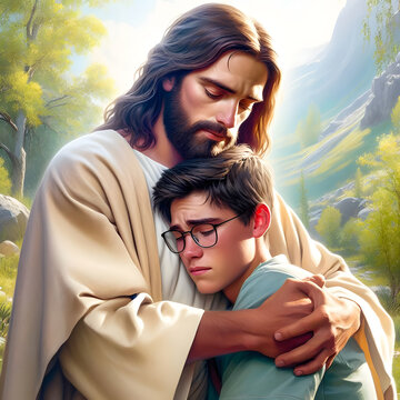 Jesus hugging young man with love