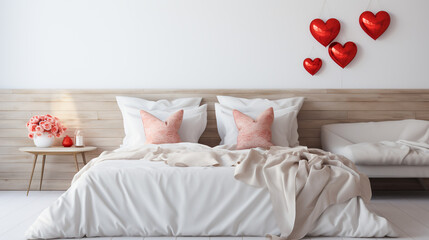 a white bed with a heart