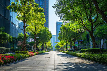 Green urban parkway with lush trees and flowering plants. Eco-friendly cityscape with pedestrian...
