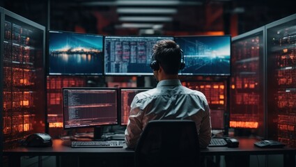 Back view of a man working in a server room at night - obrazy, fototapety, plakaty