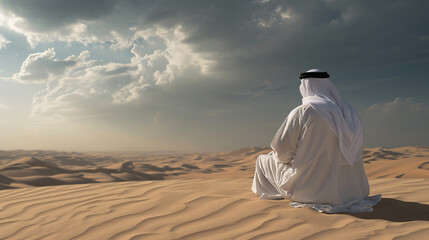 Fototapeta na wymiar In traditional thwab attire, the Arab businessman gazes at the mesmerizing desert, finding inspiration for success in the vast, untamed landscapes of the Middle East