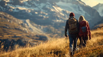 Back view of a couple hiking on a mountain trail at sunset. Adventure and travel concept in a natural landscape
