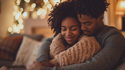 Happy young African American couple hugging and enjoying each other together on the sofa at home. The concept of leisure, relaxation, love. - obrazy, fototapety, plakaty