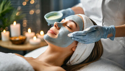 Caucasian woman undergoing a rejuvenating spa beauty treatment with a face peeling mask, embodying self-care and skincare bliss