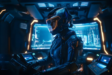 Pilot of a spaceship in a polished mechanical suit in the cockpit - obrazy, fototapety, plakaty