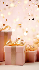 Obraz na płótnie Canvas Peach, pink and gold holiday background with festive gift boxes and shiny bokeh. Valentines day, Woman's day or Christmas light pink background.