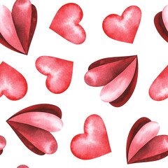 Watercolor red hearts seamless pattern isolated on white background. Hand drawn. Saint valentine's day concept. For fabric, textile, design, wrapping paper