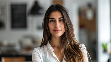 Fototapeta premium Portrait of a young woman standing in a creative office, looking at the camera. Beautiful business woman in a modern agency. Coworking concept.