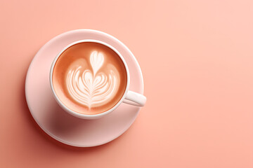 Flat lay with pink cup of latte on peach background. Valentine's Day promotion for a coffee shop. Banner with copy space. - obrazy, fototapety, plakaty