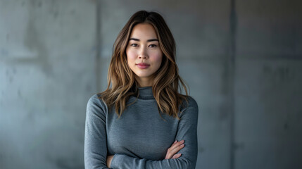 Portrait of a young woman standing in a creative office, looking at the camera. Beautiful business woman in a modern agency. Coworking concept.