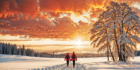 A couple in red jackets walks in the snow, holding hands. They are in front of a tree and a sunset.