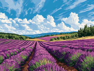 Vibrant digital art of a lavender field under a dynamic sky. Nature and agriculture concept. Design for travel brochure, poster, essential oils advertisement
