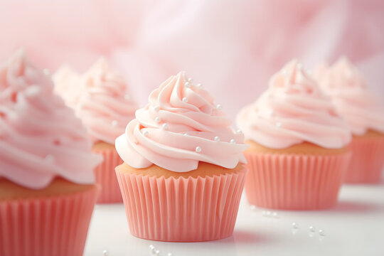 Cupcakes with pink frosting on a pink background. Festive image for bakery's advertisement or children's birthday party service. Design for a cafe or dessert shop. Banner with copy space
