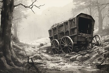 
crashed covered wagon along dirt road through dense woods, black white sketch,  - obrazy, fototapety, plakaty