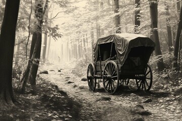 Fototapeta na wymiar crashed covered wagon along dirt road through dense woods, black white sketch, 