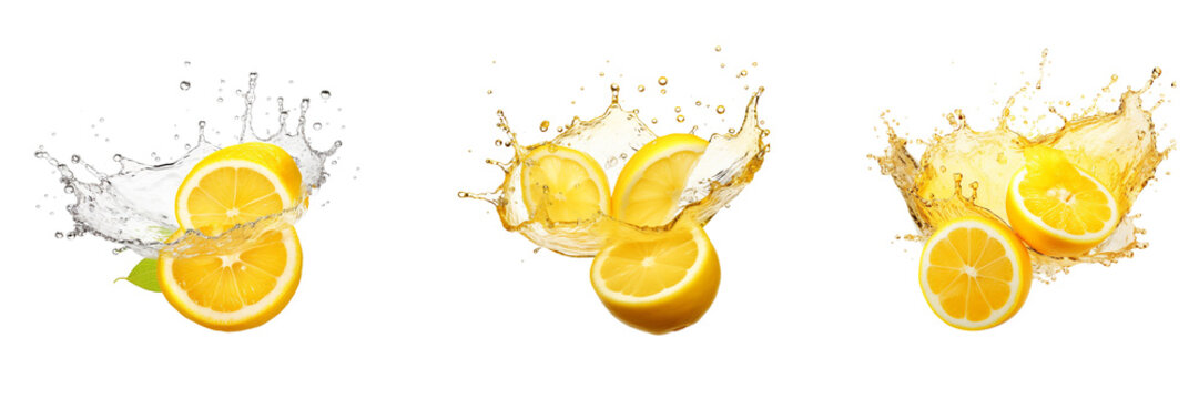 Set of lemon slice with lemon juice splash isolated on a transparent background