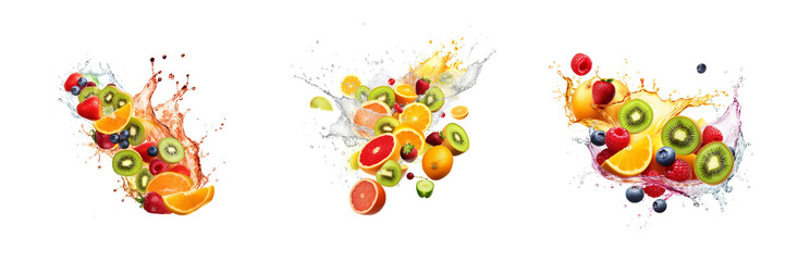 Set of mix fruit slice with fruit juice splash isolated on a transparent background