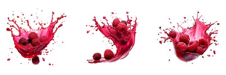 Set of raspberry with berry juice splash isolated on a transparent background - obrazy, fototapety, plakaty