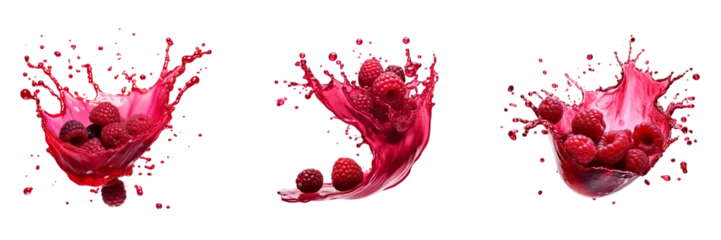 Gordijnen Set of raspberry with berry juice splash isolated on a transparent background © ANILCHANDRO