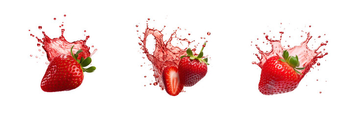 Set of strawberry with strawberry juice splash isolated on a transparent background - obrazy, fototapety, plakaty