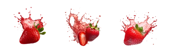Fotobehang Set of strawberry with strawberry juice splash isolated on a transparent background © ANILCHANDRO