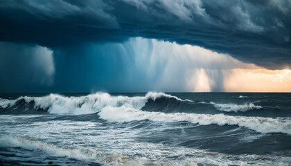 colossal tsunami waves, ominous storm clouds, and a menacing tornado against a dark, foreboding backdrop