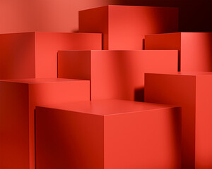 Abstract red geometric podiums for minimal mockup product display. Minimal scene. Stage for showcase, Mockup product display.