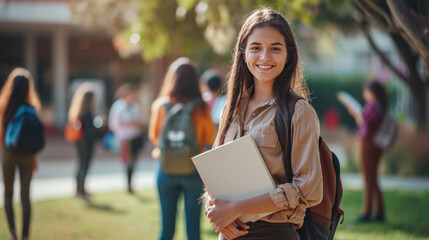 Young female student smiling at the camera, holding a notebook and wearing a backpack, with other students in the blurred background