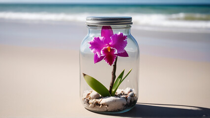 A Captivating Cattleya Orchid Flower Jar Amidst Beach Serenity AI GENERATED