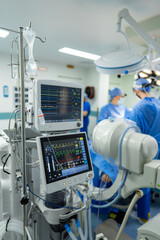 Equipment and medical devices in hybrid operating room. Hospital modern technologies.