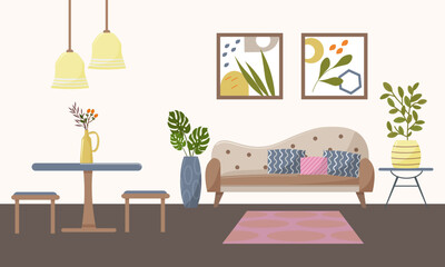 Modern living room interior. A sofa, a table with stools, a chandelier and plants in pots, paintings on the wall. For brochures, leaflets, flyers, furniture stores. Flat vector illustration.