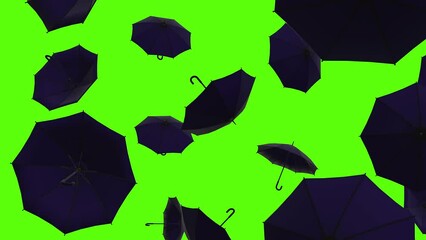 Umbrellas background. Falling blue umbrellas over green screen or chroma key. Rain of umbrellas across the screen.