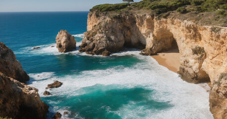 The rugged coastline of Boca do Inferno in Cascais, Portugal, with steep cliffs and turquoise waters, creates a scenic panorama for a sunny seaside vacation.