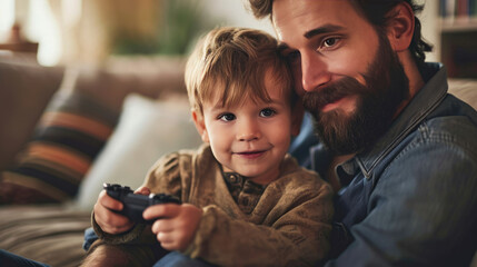 Smiling man and a young boy are enjoying playing a video game together on a couch in a cozy living room.