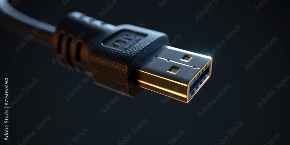 Poster a close-up view of a usb cable with a black background. suitable for technology and connectivity the