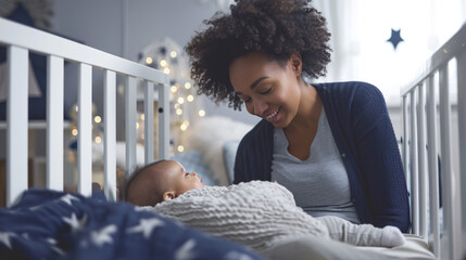 Smiling woman is leaning over a white crib, engaging with a happy baby lying inside it.