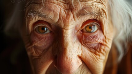 A close-up view of an elderly woman's face, capturing the details and expressions. Perfect for portraying aging, wisdom, and life experiences. Ideal for editorial use or healthcare-related designs