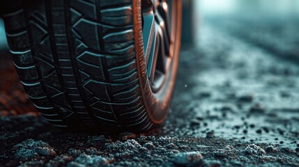 A detailed view of a tire on a road. Suitable for automotive and transportation themes