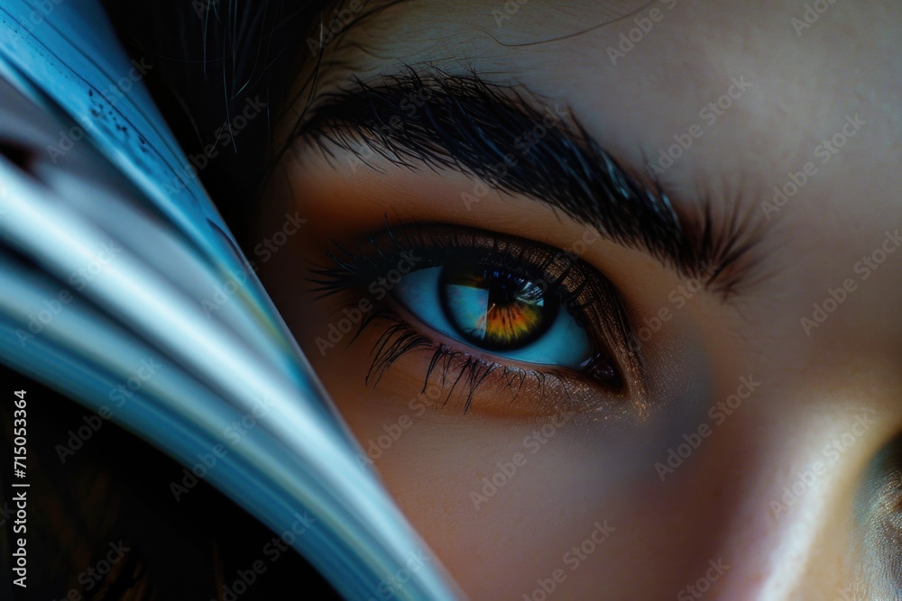 Poster a close-up view of a person's eye with a book. this image can be used to represent reading, knowledg